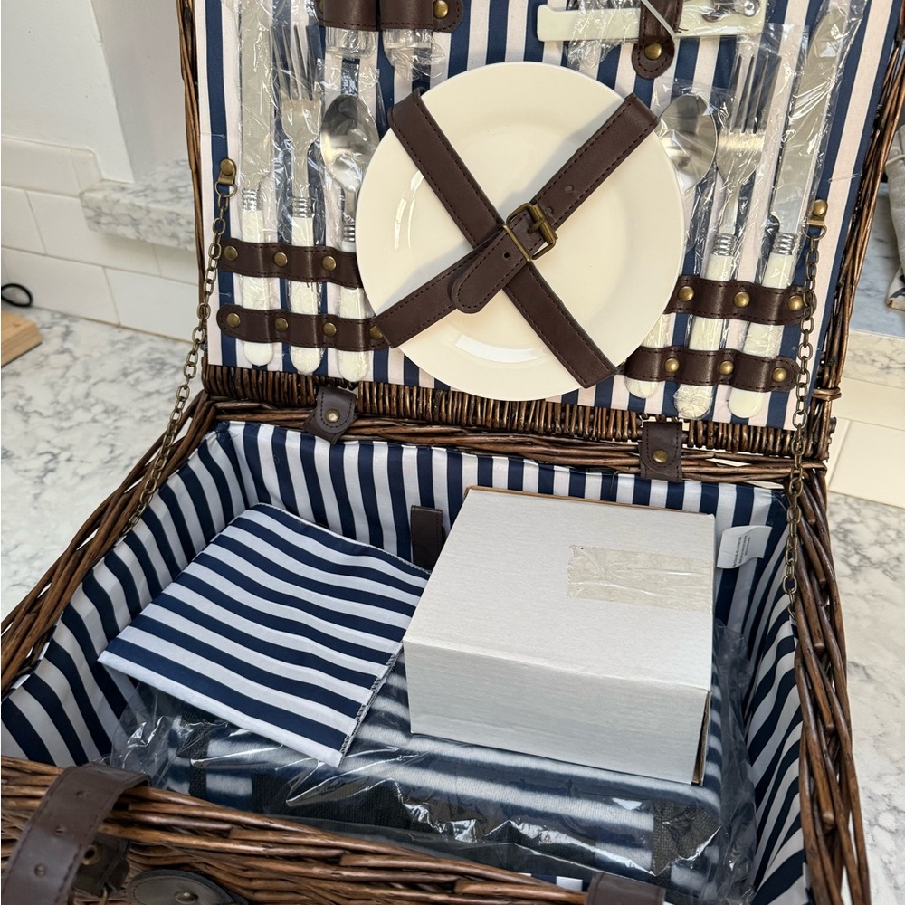Striped Picnic Basket Set with Dinnerware